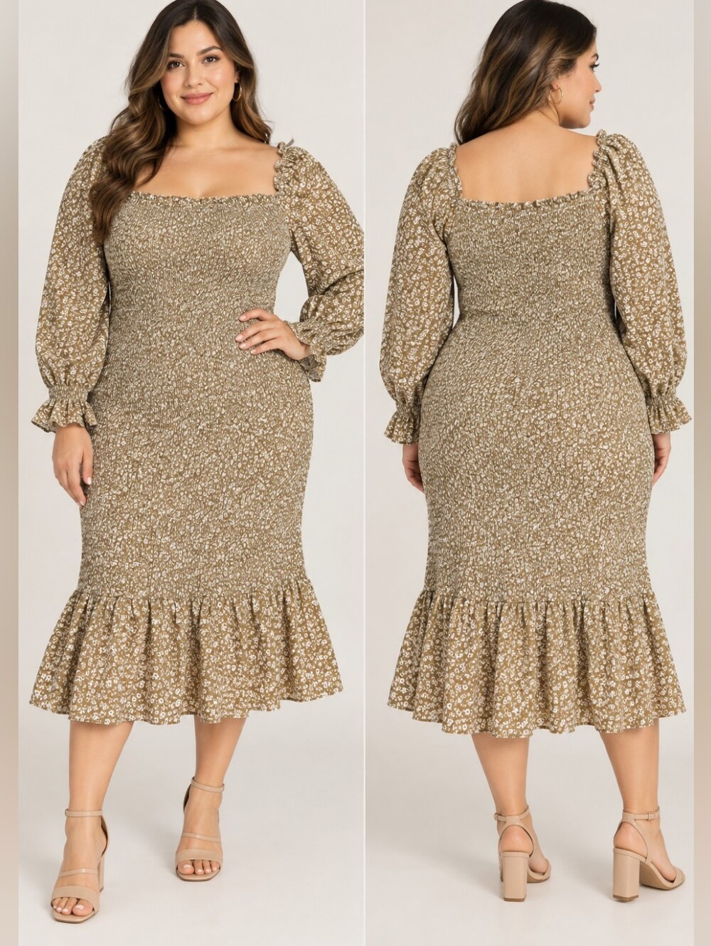 PrettyGarden Women’s Size XXL Olive Floral Smocked Midi Dress Puff Sleeve